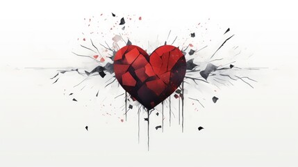 Broken heart in pieces. Breakup concept separation and divorce. Red crumpled heart