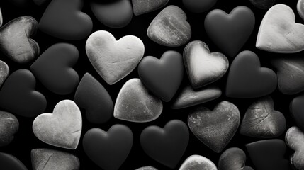 White and black heart shaped rocks on black background. Pile of white heart pebble, stone. Valentine's day. Heart shape of pebble on small peddles.