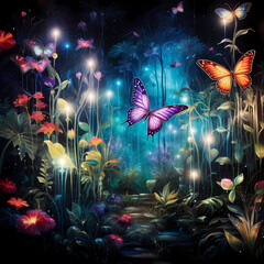 Secret garden filled with glowing plants and iridescent butterflies.