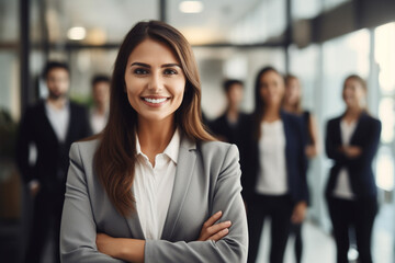 portrait of a smiling businesswoman with team