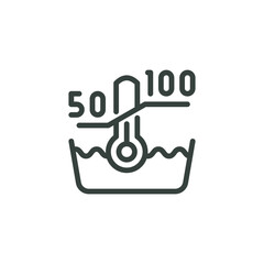 Outline Icon With Numbers, Bowl With Hot Water and Thermometer. Such Line sign as High Liquid Temperature From 50 to 100 Degrees, Machine Wash Temperature 50-100 C. Vector Isolated Pictogram Stroke.
