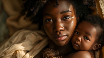 African black Mother smiling, holding newborn baby in her arms