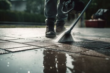 Cleaning concrete driveway with high-pressure water. Maintenance and household chores idea. Generative AI - obrazy, fototapety, plakaty