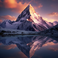 Snow-covered mountain peak reflecting the first light of dawn