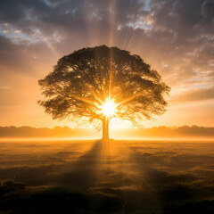 Sunbeams creating a golden halo around a lone tree in a dewy meadow