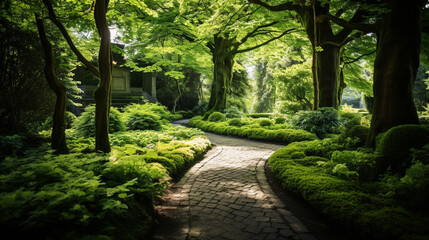 Fototapeta premium Green lawn and trees background with copyspace. Nature background concept. Generative AI