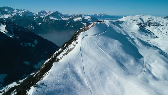 Aerial view of snow covered ski slopes at Stoos,Switzerland