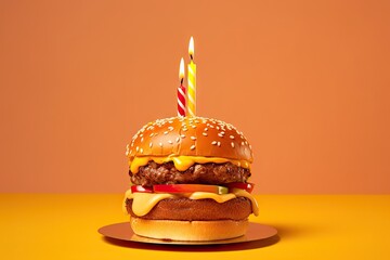 "Birthday Candle on Burger for Celebration Concept