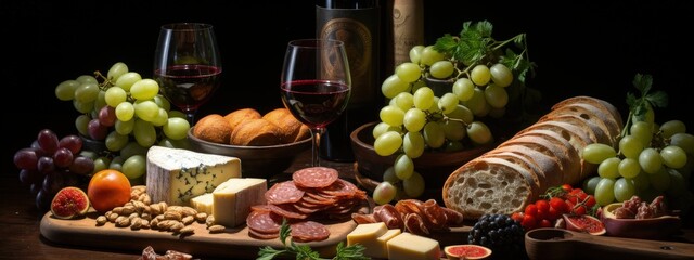 wine glasses and food on a wood board, in the style of black background, figuration libre,...