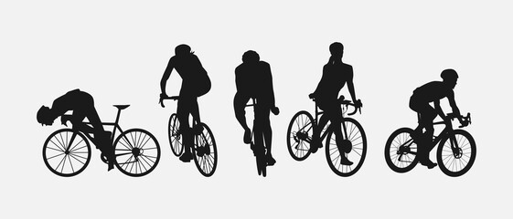 set of silhouettes of cyclist. sport, racing, vehicle, active concept. vector illustration.
