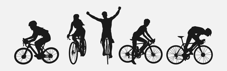 set of silhouettes of cyclist. sport, racing, vehicle, active concept. vector illustration. - obrazy, fototapety, plakaty