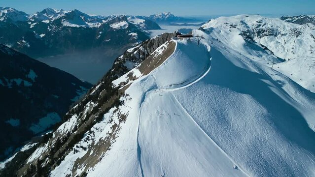 Aerial view of snow covered ski slopes at Stoos,Switzerland