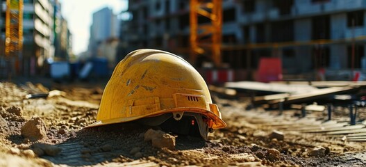 A yellow construction helmet on a busy construction site