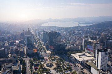 Aerial view of modern city skyline of Hangzhou, China