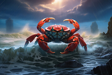 red crab on the stormy beach