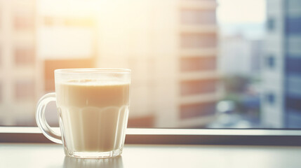 Hot milk on blur office background. Generative AI.