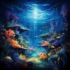 Obraz na płótnie Canvas Underwater scene with bioluminescent creatures and vibrant coral reefs