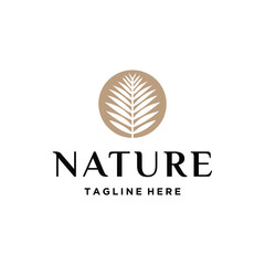 Golden Abstract Palm Leaves With Simple Circle Art Style For Business Brand Inspiration Logo Design Template.