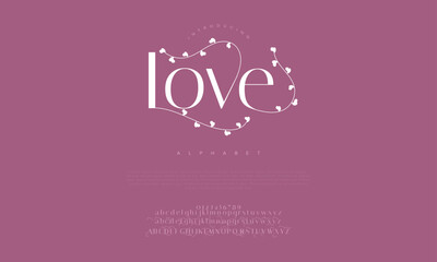 Love premium luxury elegant alphabet letters and numbers. Elegant wedding typography classic serif font decorative vintage retro. Creative vector illustration