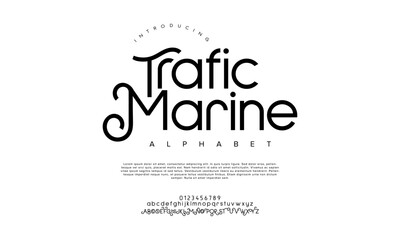 Fototapeta premium Traficmarine creative modern urban alphabet font. Digital abstract moslem, futuristic, fashion, sport, minimal technology typography. Simple numeric vector illustration