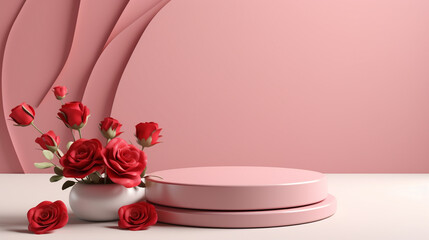Blank podium derocation with rose. Valentine concept. Generative AI