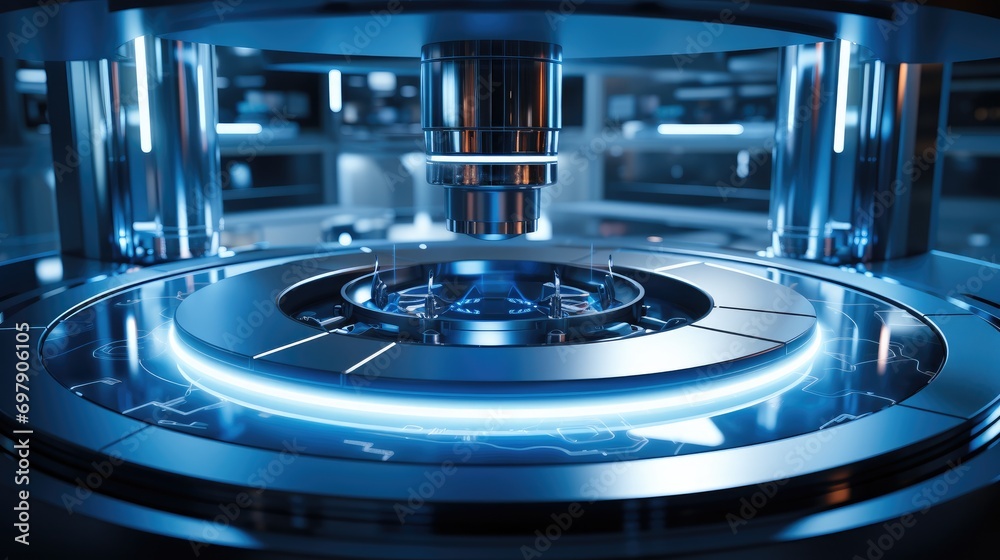 Poster Mysterious image of a laboratory with a superconductor disc. Generative AI.