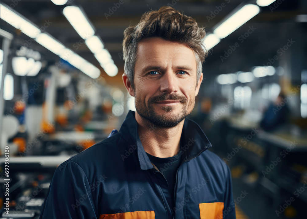 Poster A slightly smiling male CNC machine operator in a bright modern factory. Generative AI.