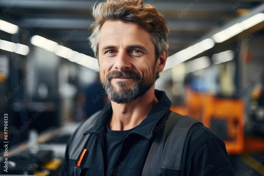 Wall mural A slightly smiling male CNC machine operator in a bright modern factory. Generative AI.