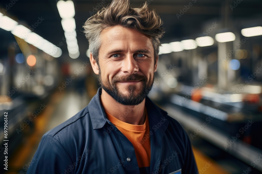 Poster A slightly smiling male CNC machine operator in a bright modern factory. Generative AI.