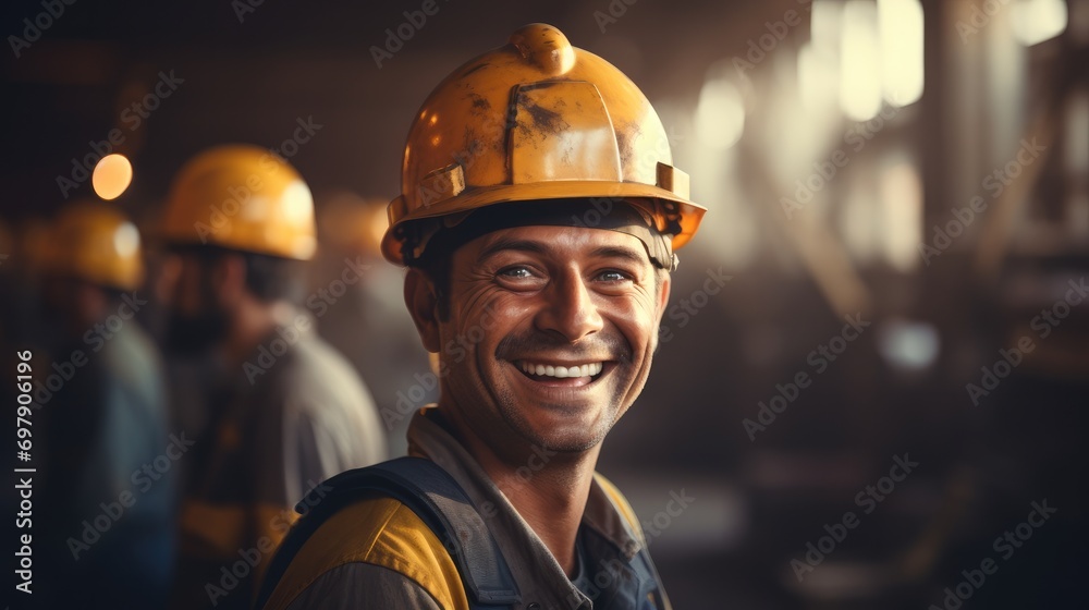 Aufkleber Smile of worker at work wearing helmet. Generative AI.