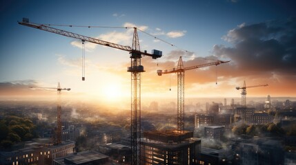 A tower crane building a tall building with a city skyline in the background. Generative AI. - obrazy, fototapety, plakaty