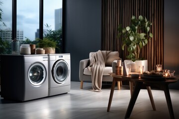Front load washing machine in dark color with softener in luxury living room. Generative AI. - obrazy, fototapety, plakaty