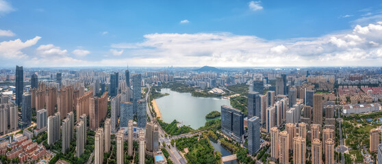 Aerial photography of streets by Swan Lake in Hefei..