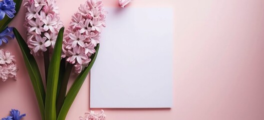 Creative concept with a fresh hyacinth flower placed on a blank canvas amidst a pink setting.