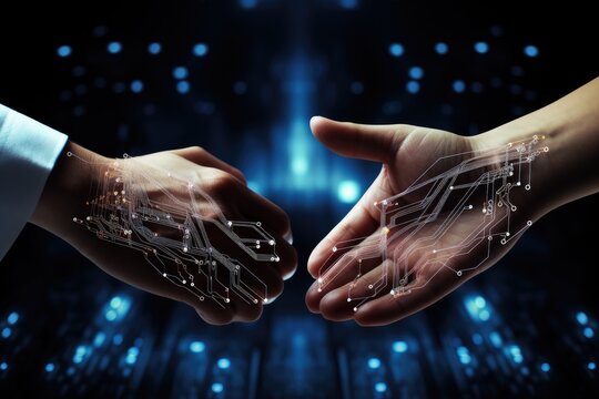 Hands shaking hands with digital circuits flowing from one hand to the other, Indicating a tech partnership. Generative AI.