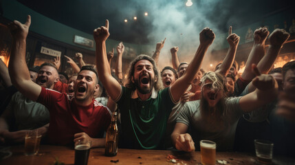 Fans of football team celebrating championship in sports bar. Generative AI. - obrazy, fototapety, plakaty