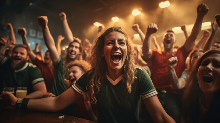 Estores personalizados de deportes con tu foto Fans of football team celebrating championship in sports bar. Generative AI.