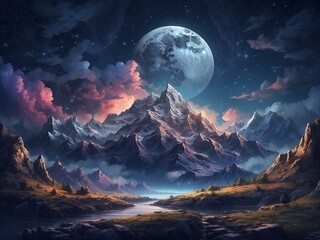 A pixelated mountain at night with moon, stars, and clouds