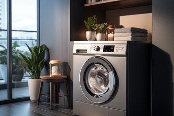 Front load washing machine in dark color with softener in luxury living room. Generative AI. - obrazy, fototapety, plakaty