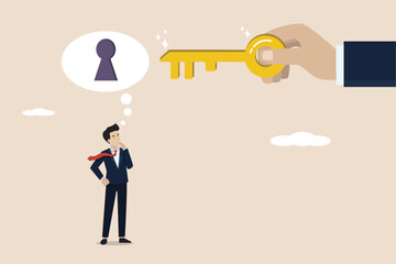 Business support or help to solve problems, open work obstacles or key to unlock business idea concept, businessman thinking with idea as keyhole with helping hand holding key to success.