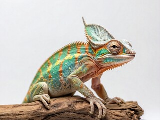 Chameleon resting on a branch isolated in white background