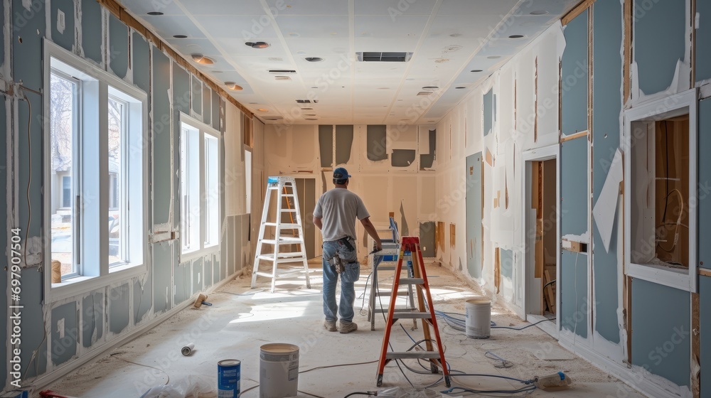 Poster drywall installation in a residential construction project. generative ai.