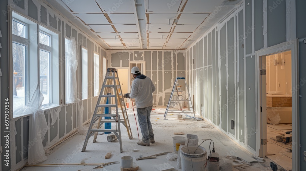 Poster drywall installation in a residential construction project. generative ai.