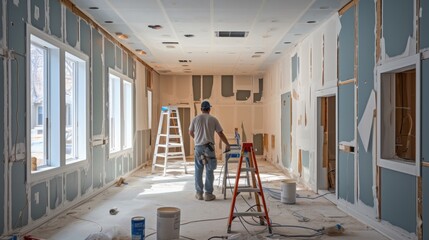 Drywall installation in a residential construction project. Generative AI.