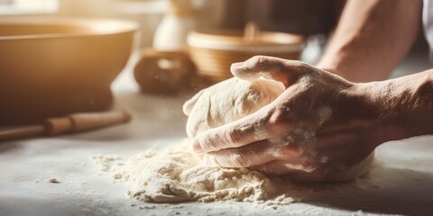 Obraz na płótnie Canvas Hands kneading the dough in the sunlight