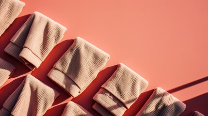 Folded terracotta towels on a matching background, with strong shadows and space for text - obrazy, fototapety, plakaty