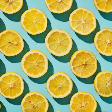 Bright lemon slices neatly arranged on a teal background, casting subtle shadows, evoking freshness