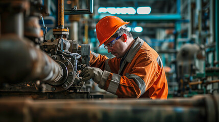 Engineer operator repairs valve equipment in plant industry  - obrazy, fototapety, plakaty