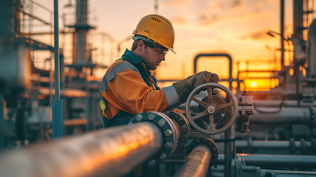 Engineer operator repairs valve equipment in plant industry  - Powered by Adobe
