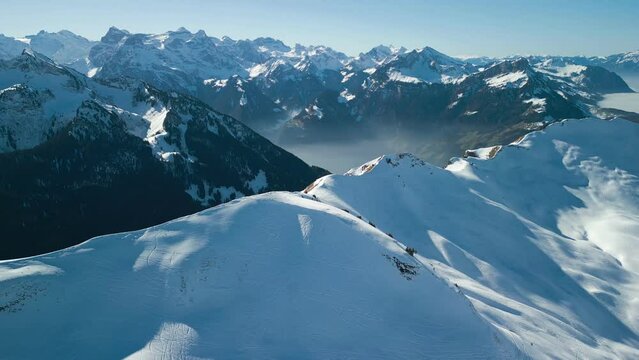 Aerial view of snow covered ski slopes at Stoos,Switzerland